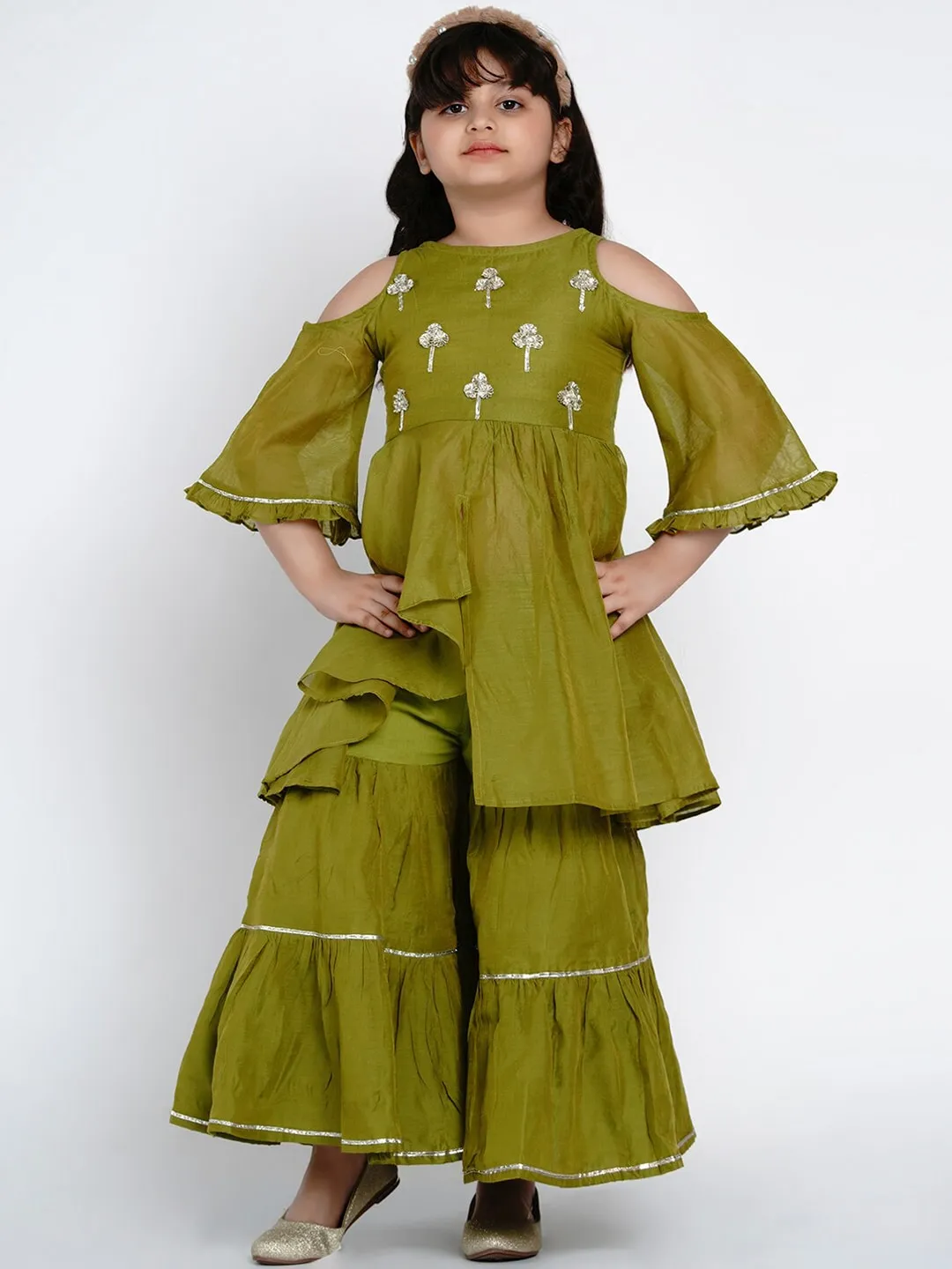 Girl's Green Embroidered Kurta & Sharara Set  - NOZ2TOZ KIDS