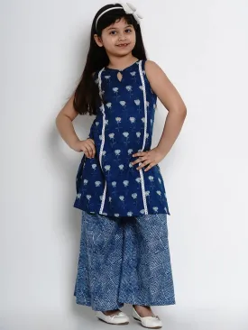 Girl's Navy Blue Printed Kurta & Palazzo Set  - NOZ2TOZ KIDS