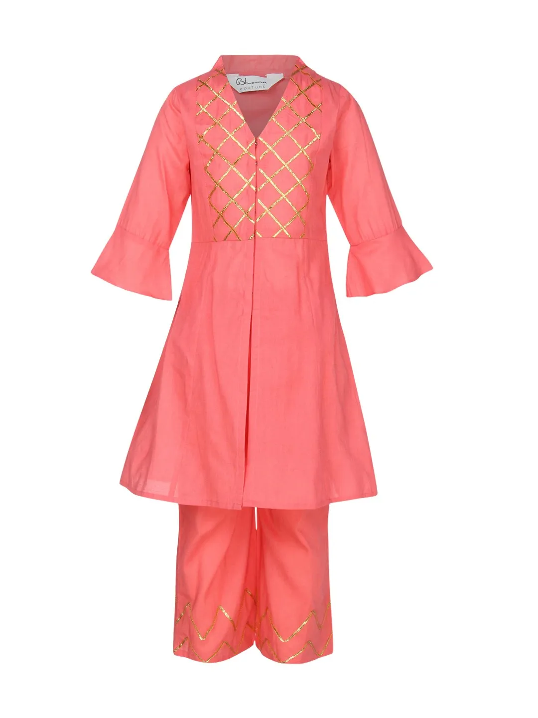 Girl's Peach Solid A-Line Kurta & Pyjama Set  - NOZ2TOZ KIDS