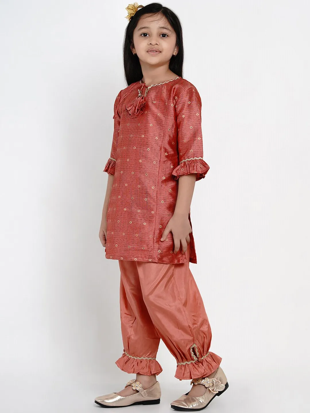 Girl's Peach Woven Design Kurta & Patiala Set  - NOZ2TOZ KIDS