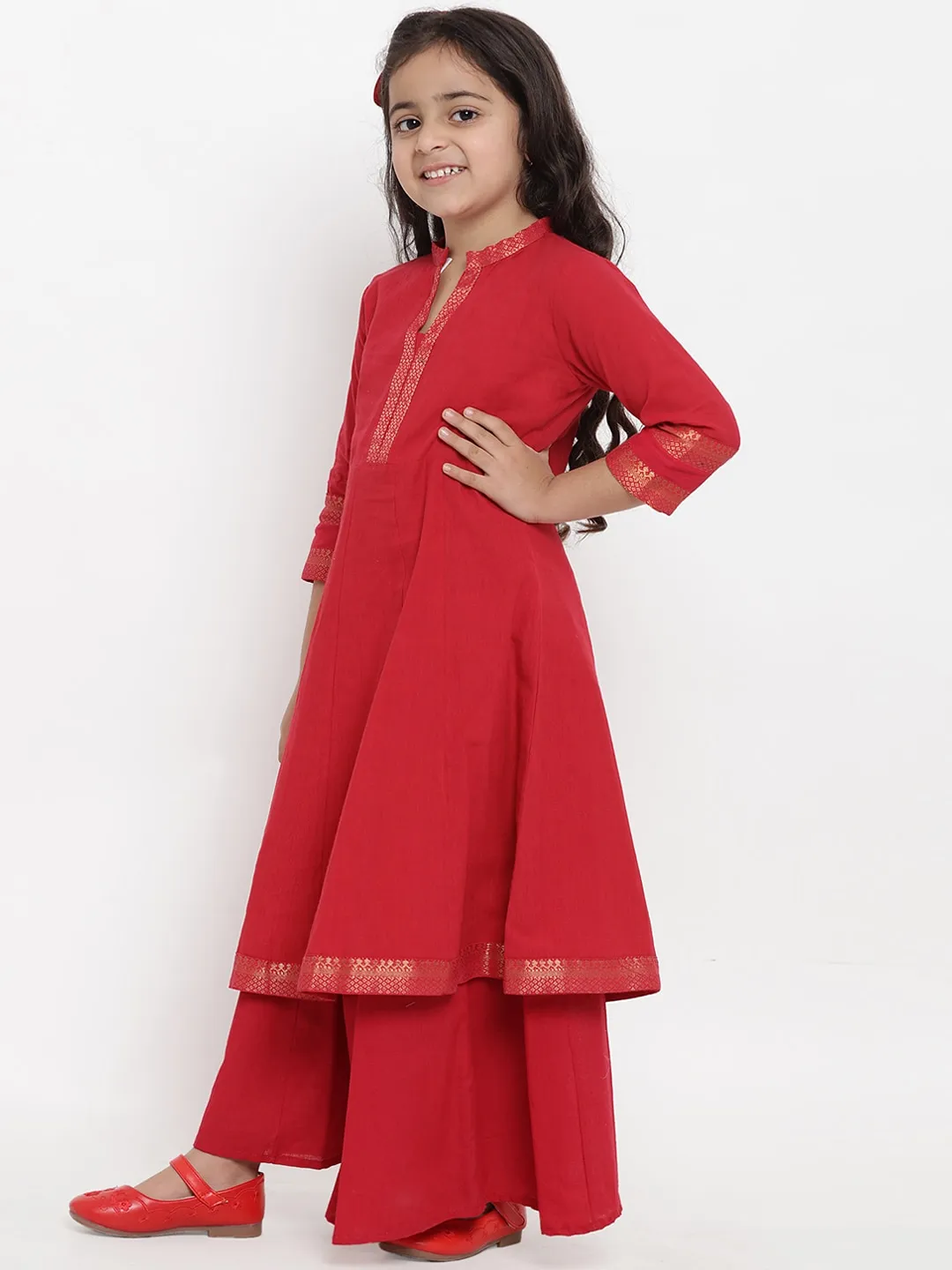 Girl's Red Self Design Kurta & Palazzo Set  - NOZ2TOZ KIDS