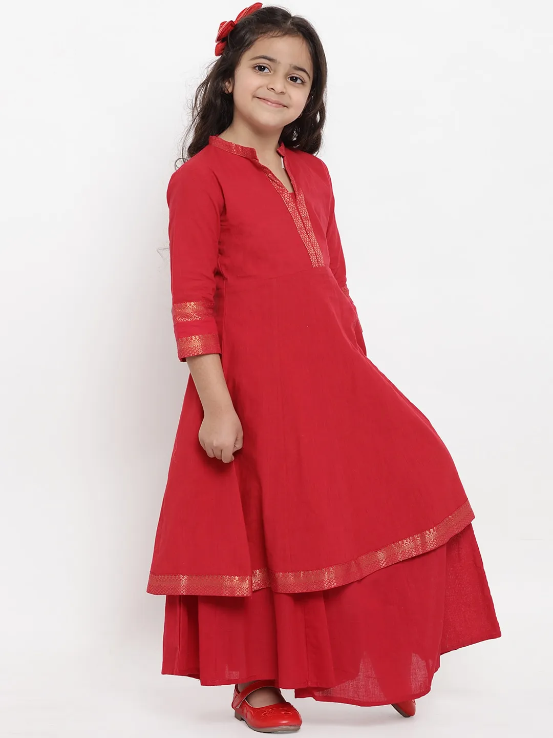 Girl's Red Self Design Kurta & Palazzo Set  - NOZ2TOZ KIDS