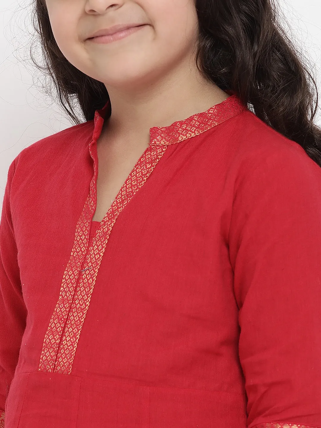 Girl's Red Self Design Kurta & Palazzo Set  - NOZ2TOZ KIDS