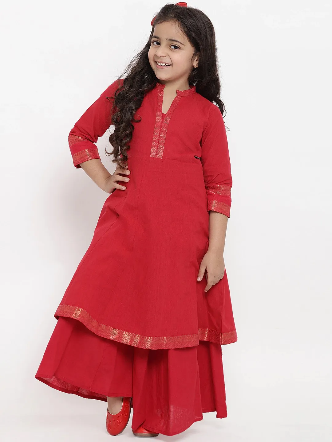 Girl's Red Self Design Kurta & Palazzo Set  - NOZ2TOZ KIDS