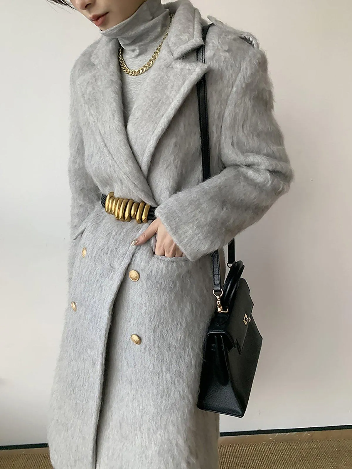 Gray Wool Fleece Long Wool Coat