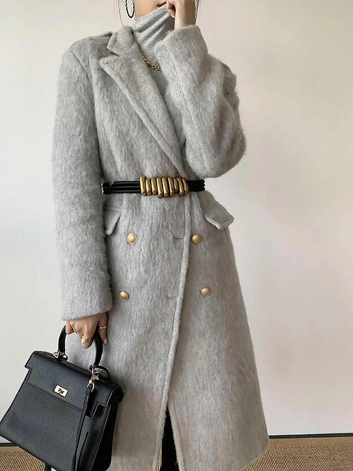 Gray Wool Fleece Long Wool Coat