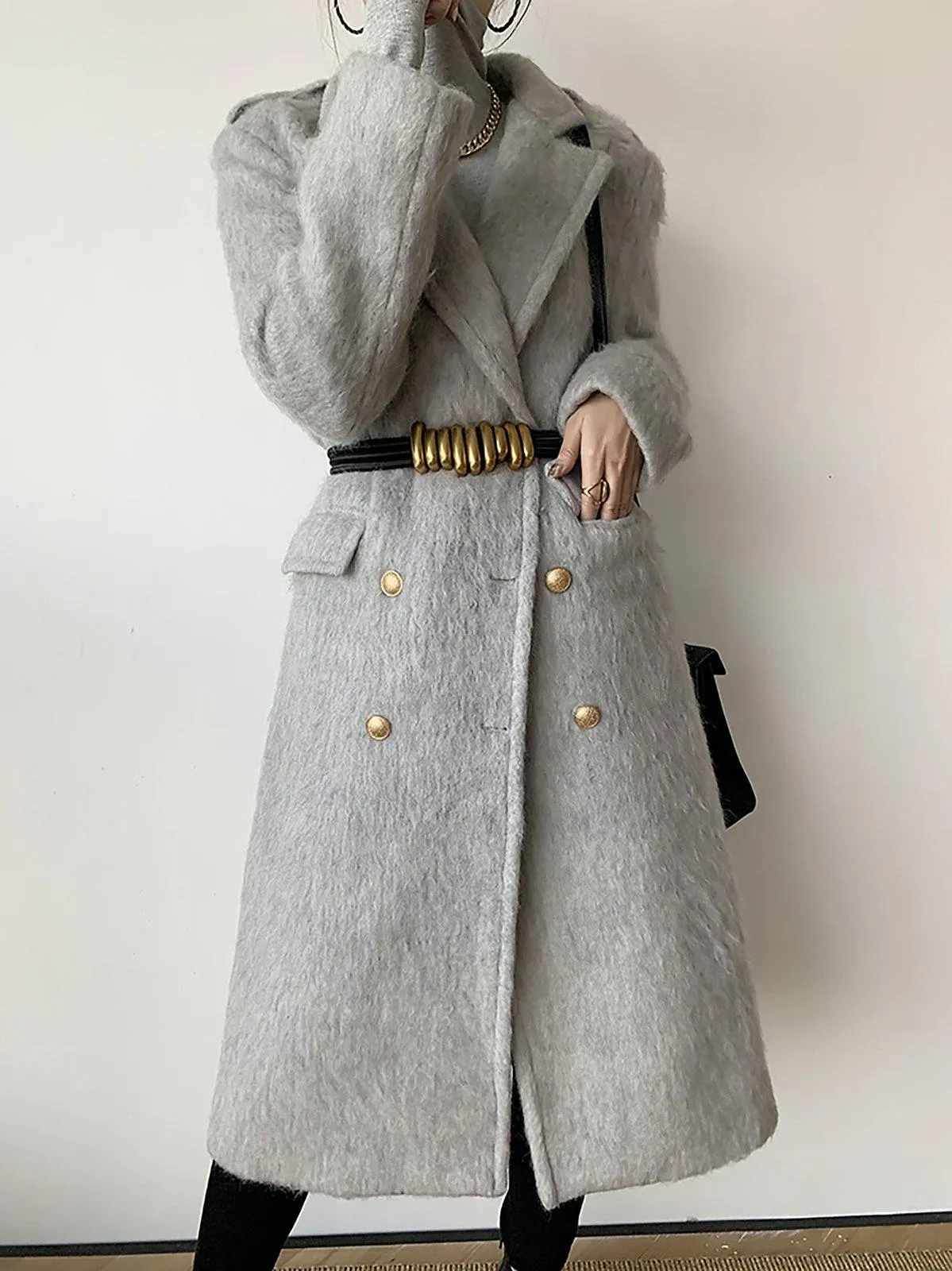 Gray Wool Fleece Long Wool Coat