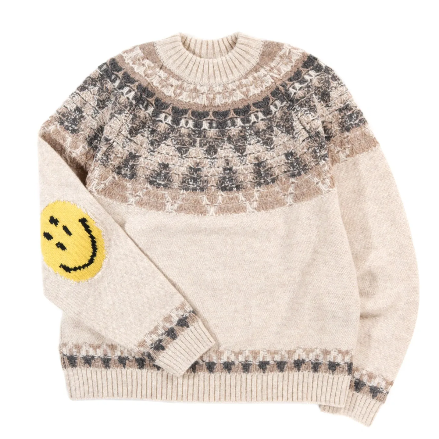 KAPITAL 5G WOOL NORDIC SMILIE PATCH RAGLAN SWEATER ECRU