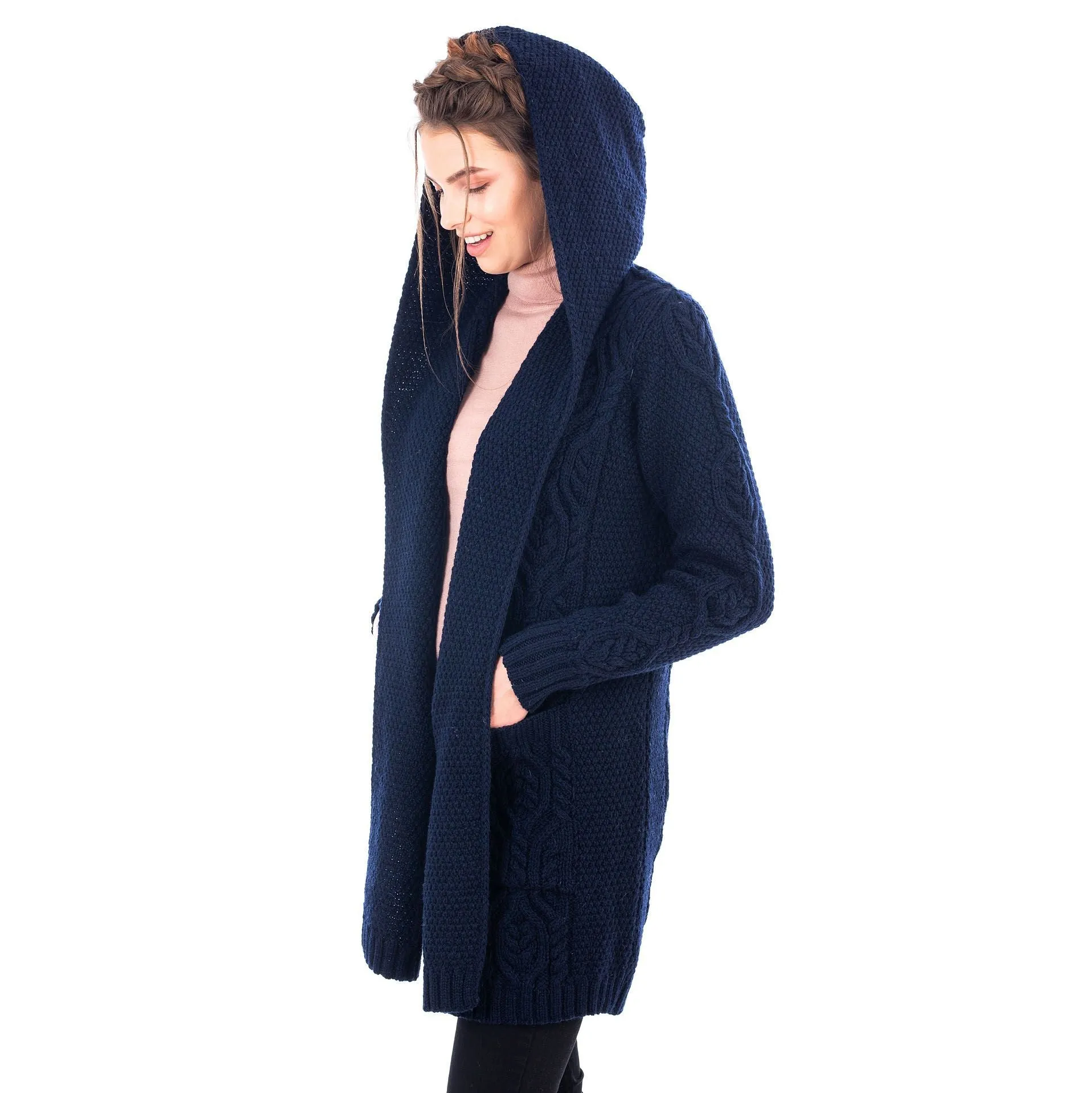 Ladies Classic Fit Long Cardigan with Hood Navy or Grey Made in Ireland