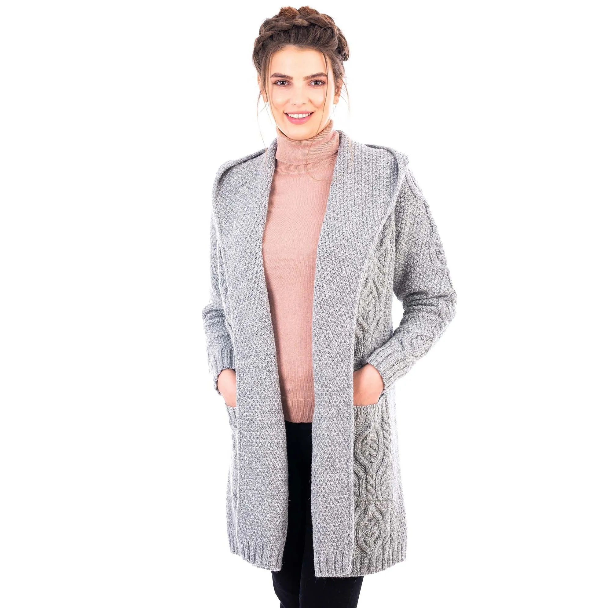 Ladies Classic Fit Long Cardigan with Hood Navy or Grey Made in Ireland