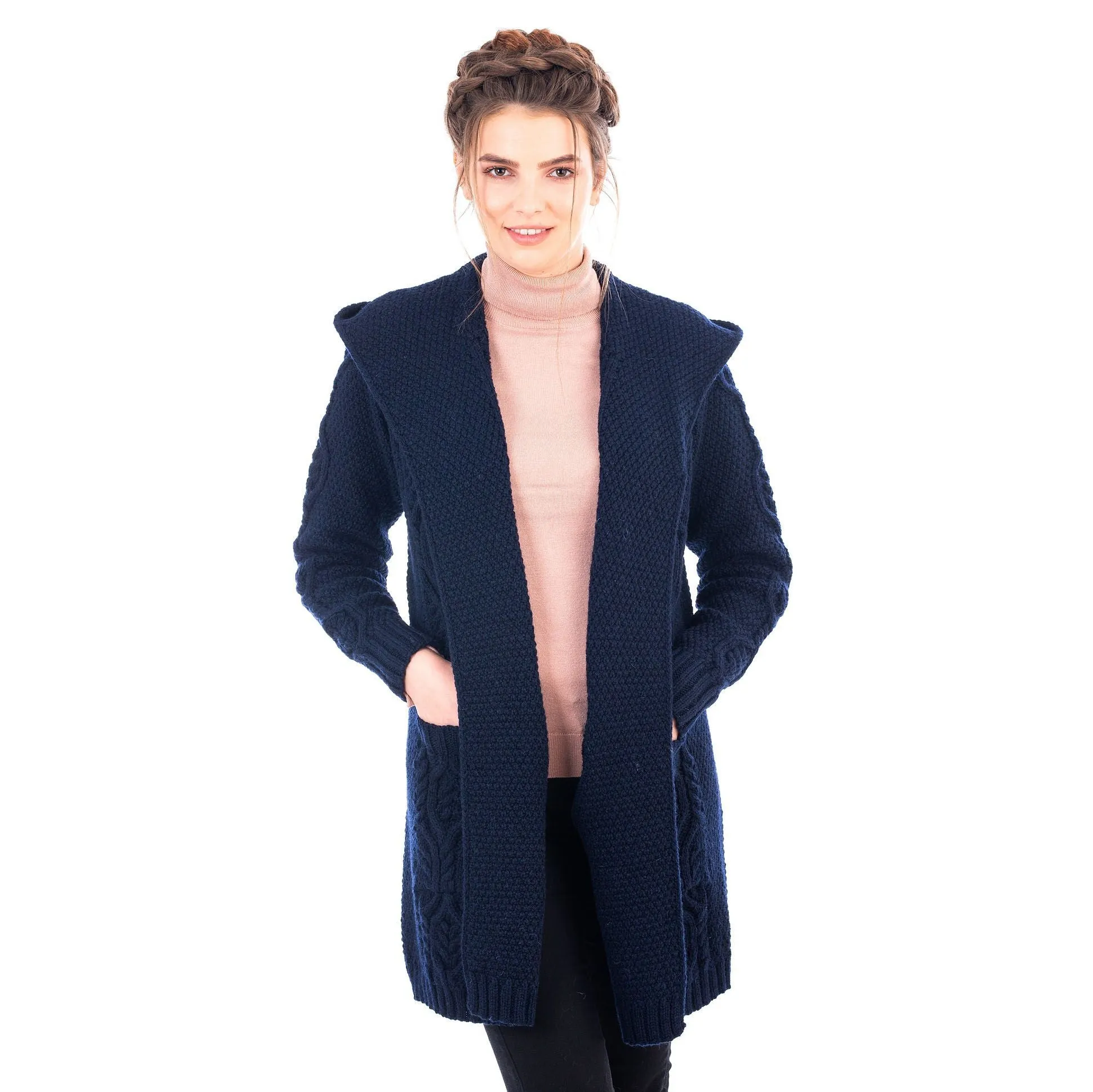 Ladies Classic Fit Long Cardigan with Hood Navy or Grey Made in Ireland