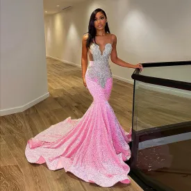 Luxury Pink Sequined Mermaid Crystal Prom Dress RM061