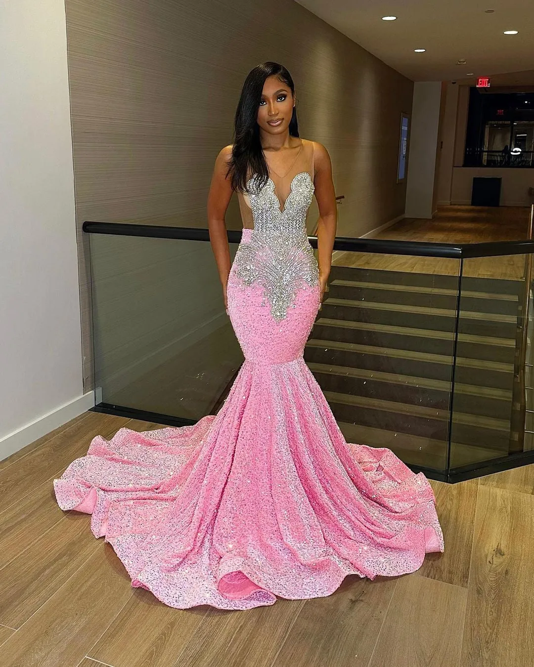 Luxury Pink Sequined Mermaid Crystal Prom Dress RM061