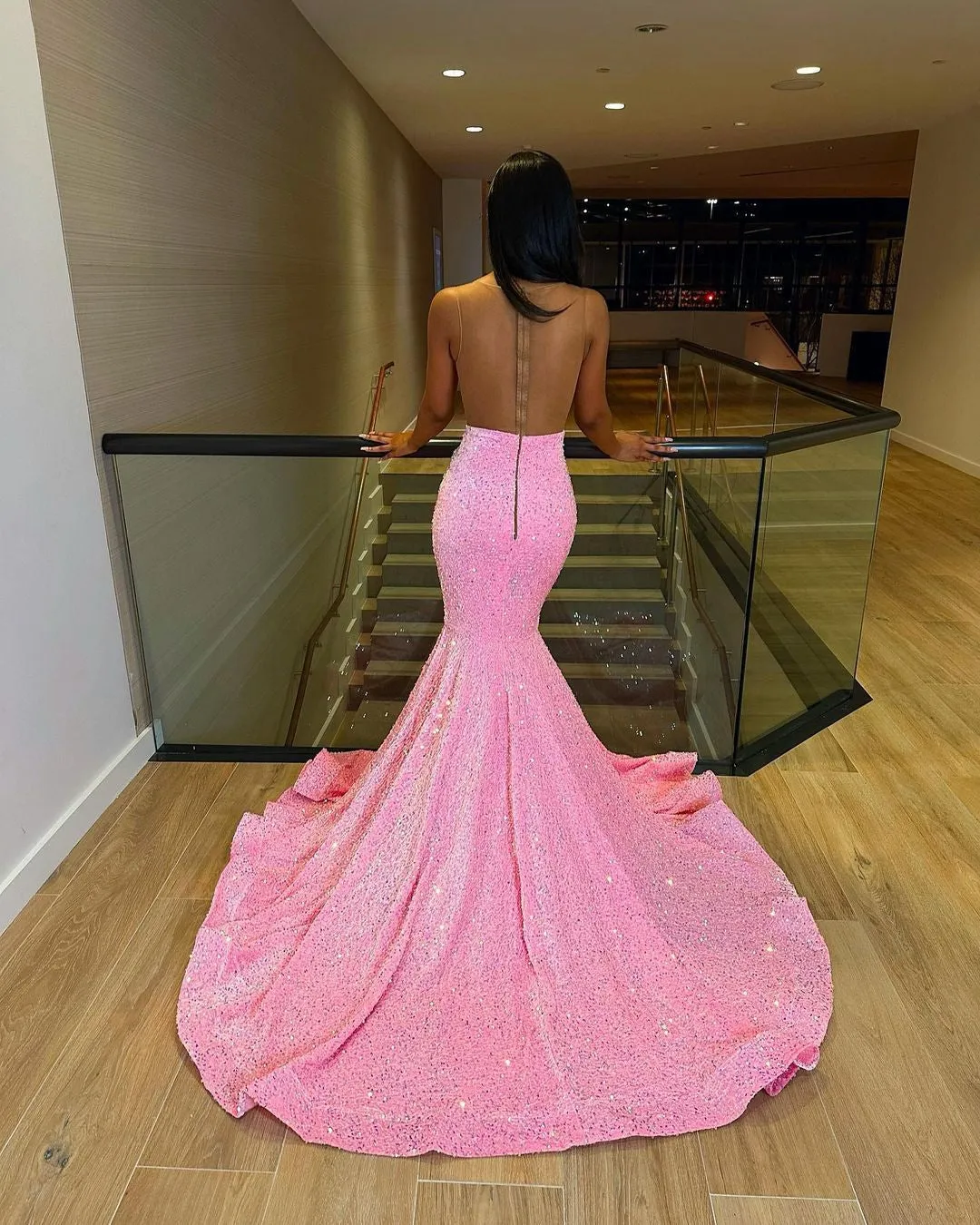 Luxury Pink Sequined Mermaid Crystal Prom Dress RM061