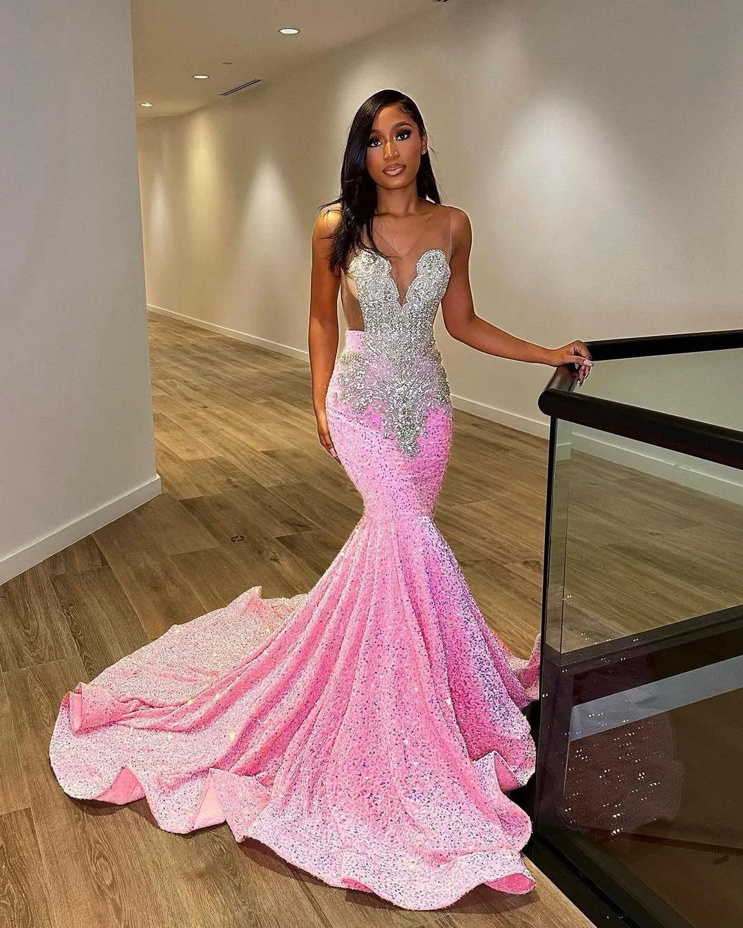 Luxury Pink Sequined Mermaid Crystal Prom Dress RM061