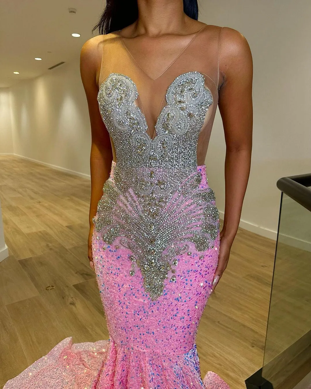 Luxury Pink Sequined Mermaid Crystal Prom Dress RM061