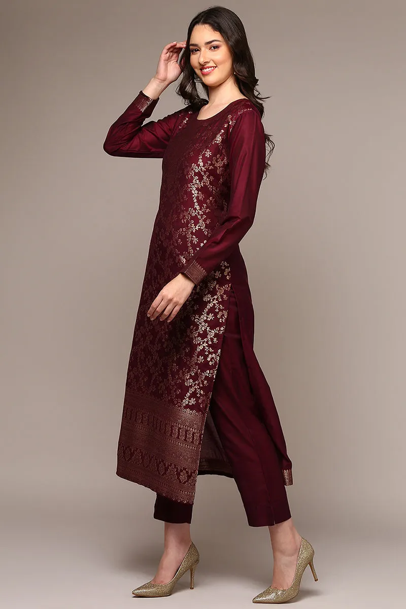 Maroon Poly Chanderi Woven Design Straight Suit Set