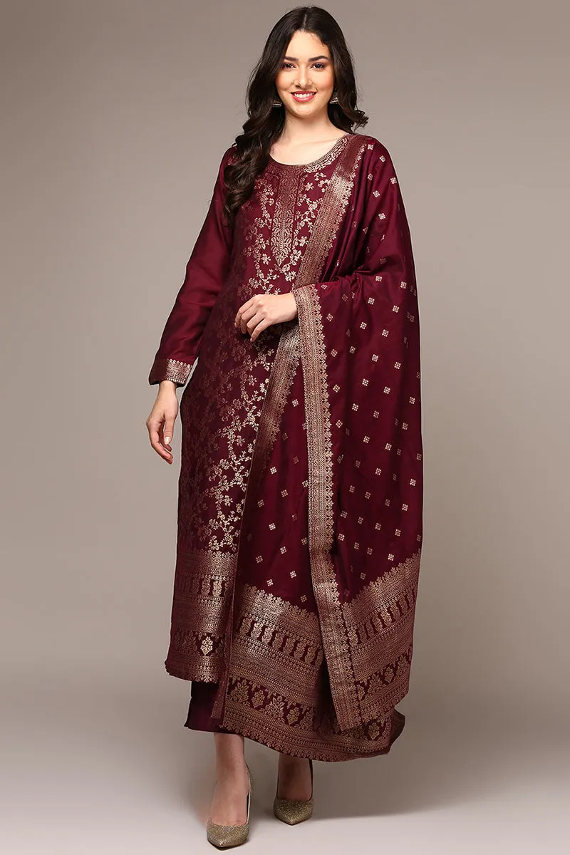 Maroon Poly Chanderi Woven Design Straight Suit Set