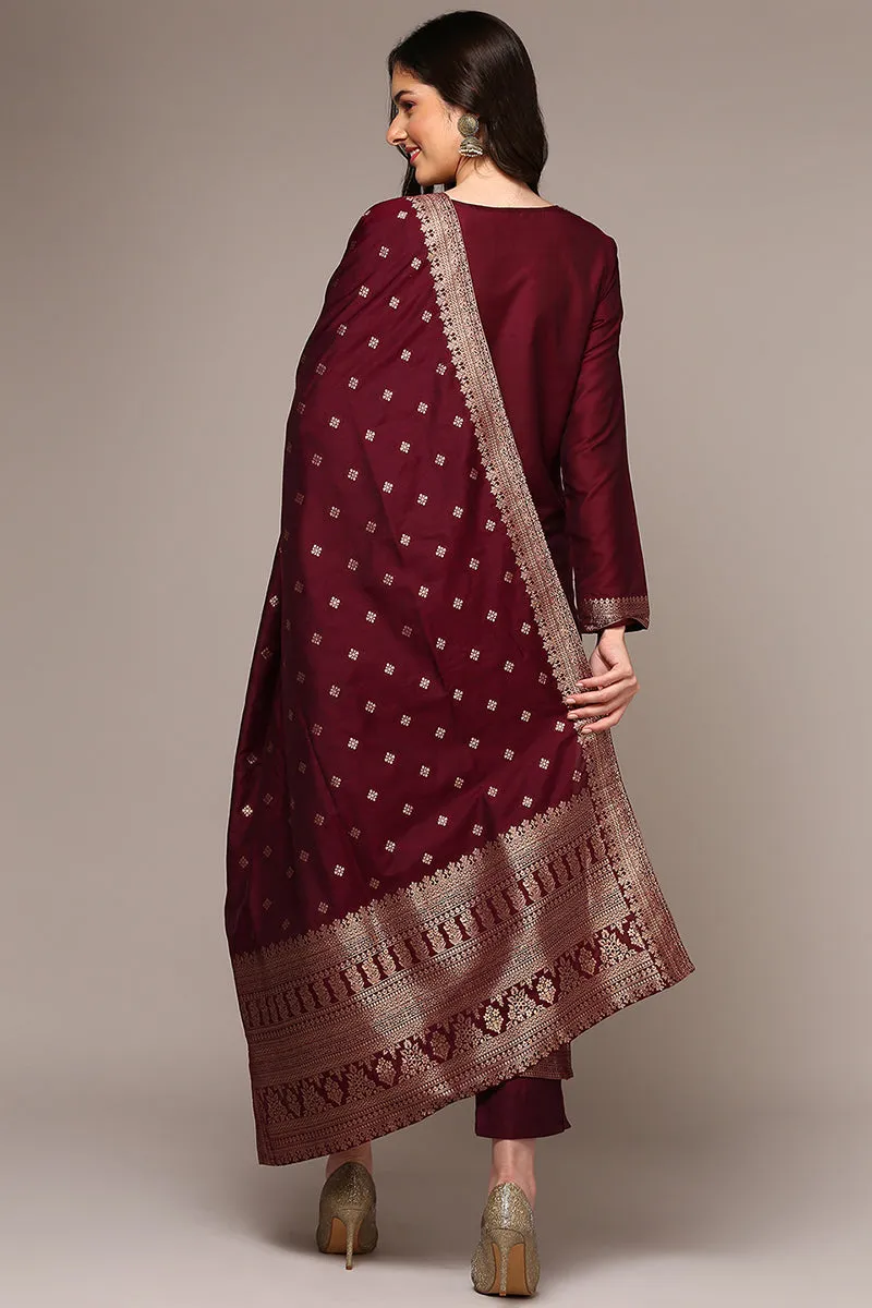 Maroon Poly Chanderi Woven Design Straight Suit Set