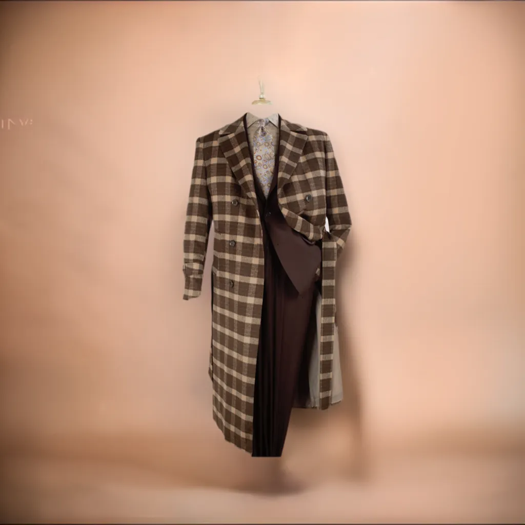 Mens Full Length Belted Double Breasted Wool Overcoat in Brown Windowpane