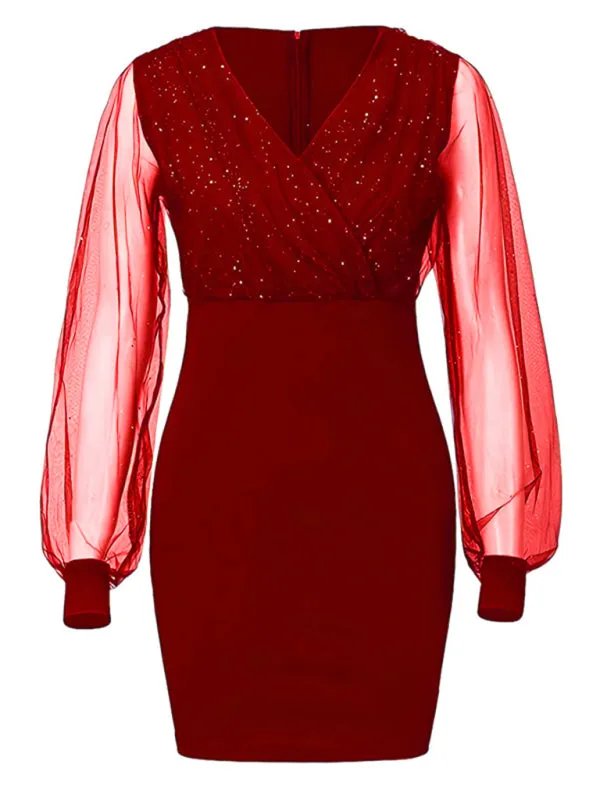 Mesh V-neck sequined long-sleeved dress