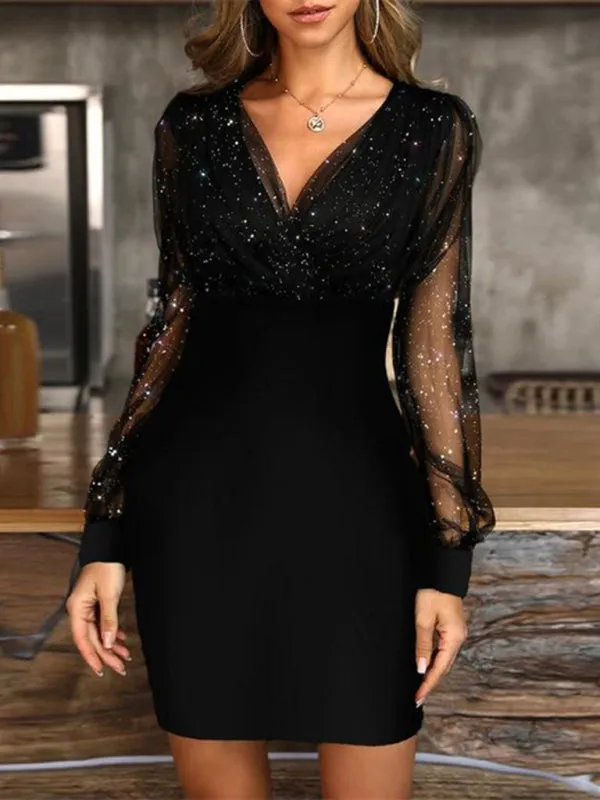 Mesh V-neck sequined long-sleeved dress