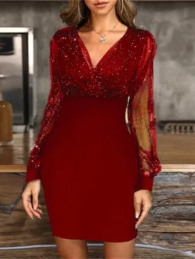 Mesh V-neck sequined long-sleeved dress