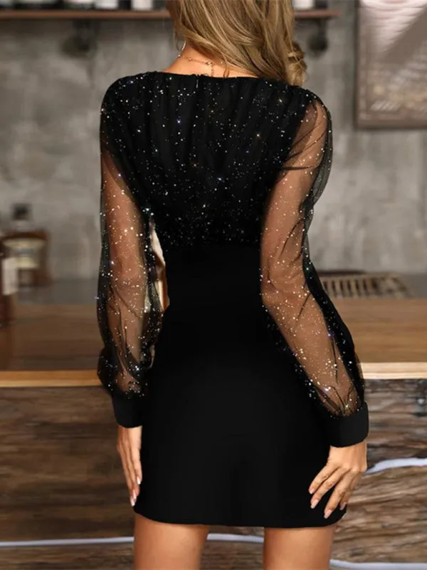 Mesh V-neck sequined long-sleeved dress