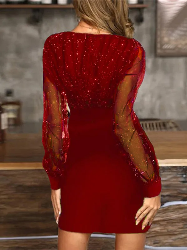 Mesh V-neck sequined long-sleeved dress