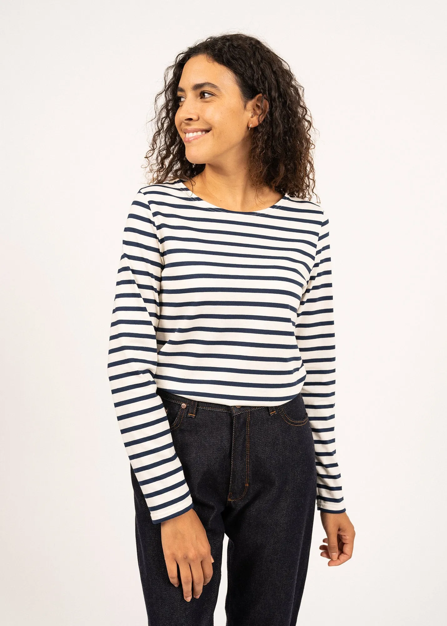 MINQUIDAME - Breton Striped Shirt with Long Sleeve | Soft Cotton | Women Fit (ECRU / NAVY)