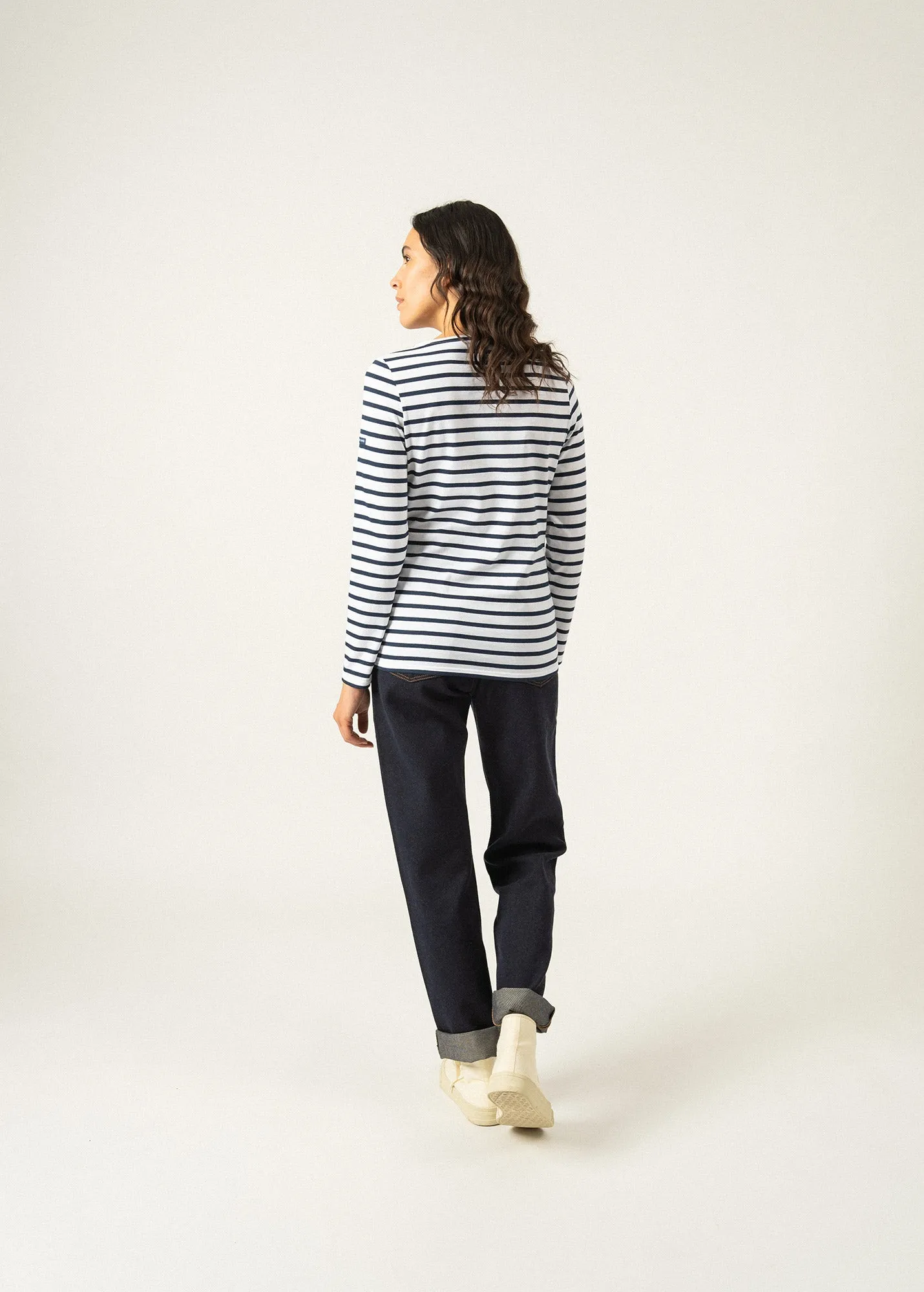 MINQUIDAME - Breton Striped Shirt with Long Sleeve | Soft Cotton | Women Fit (WHITE / NAVY)