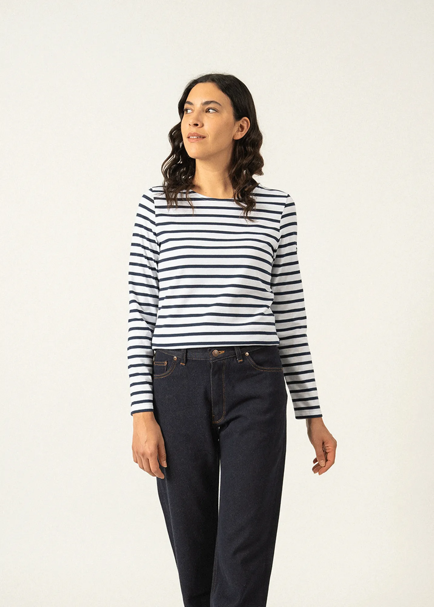 MINQUIDAME - Breton Striped Shirt with Long Sleeve | Soft Cotton | Women Fit (WHITE / NAVY)