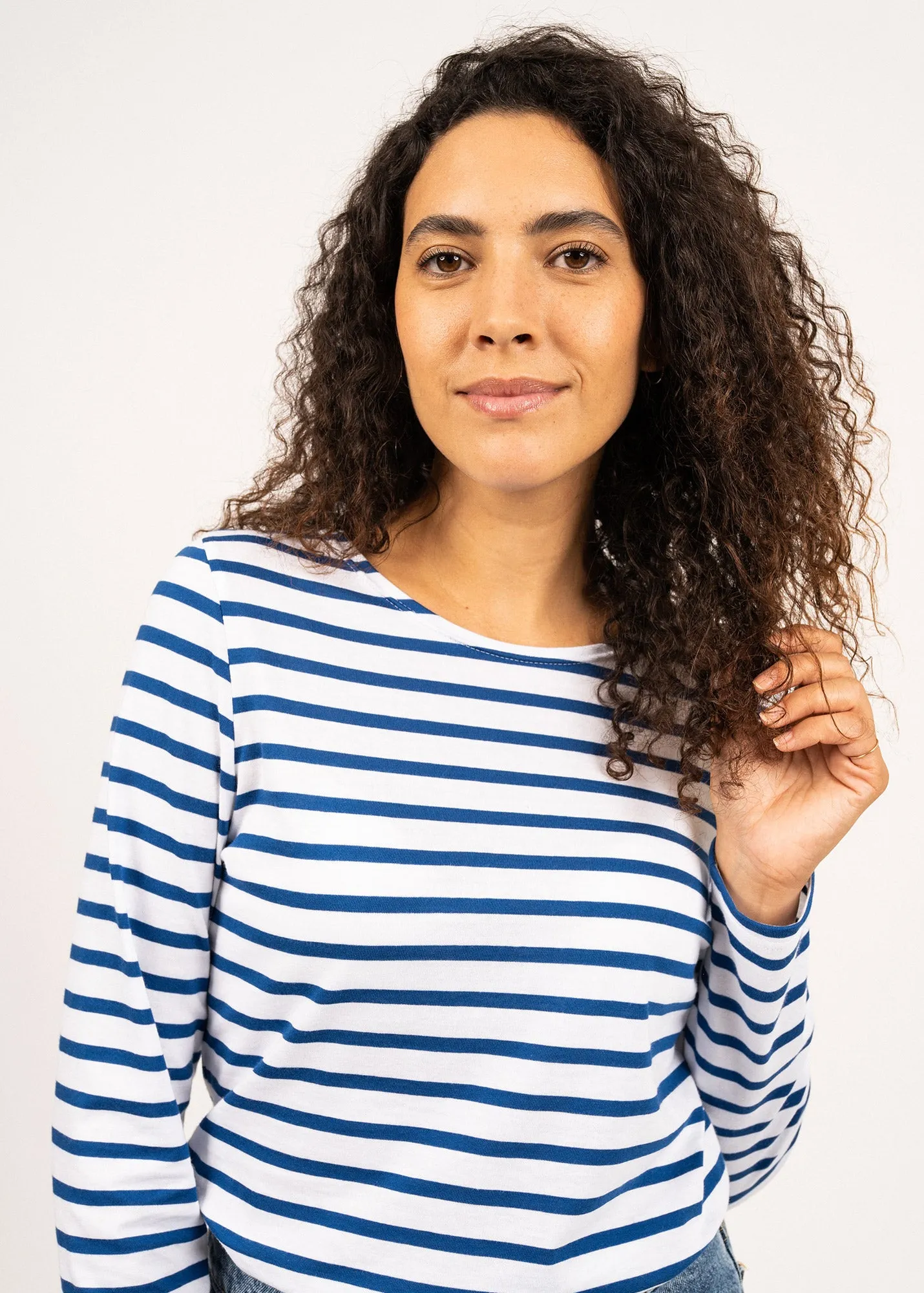 MINQUIDAME - Breton Striped Shirt with Long Sleeve | Soft Cotton | Women Fit (WHITE / ROYAL BLUE)