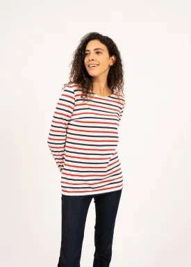 MINQUIDAME - Tri-color Breton Shirt for Women | Lightweight Cotton (ECRU / NAVY / RED)