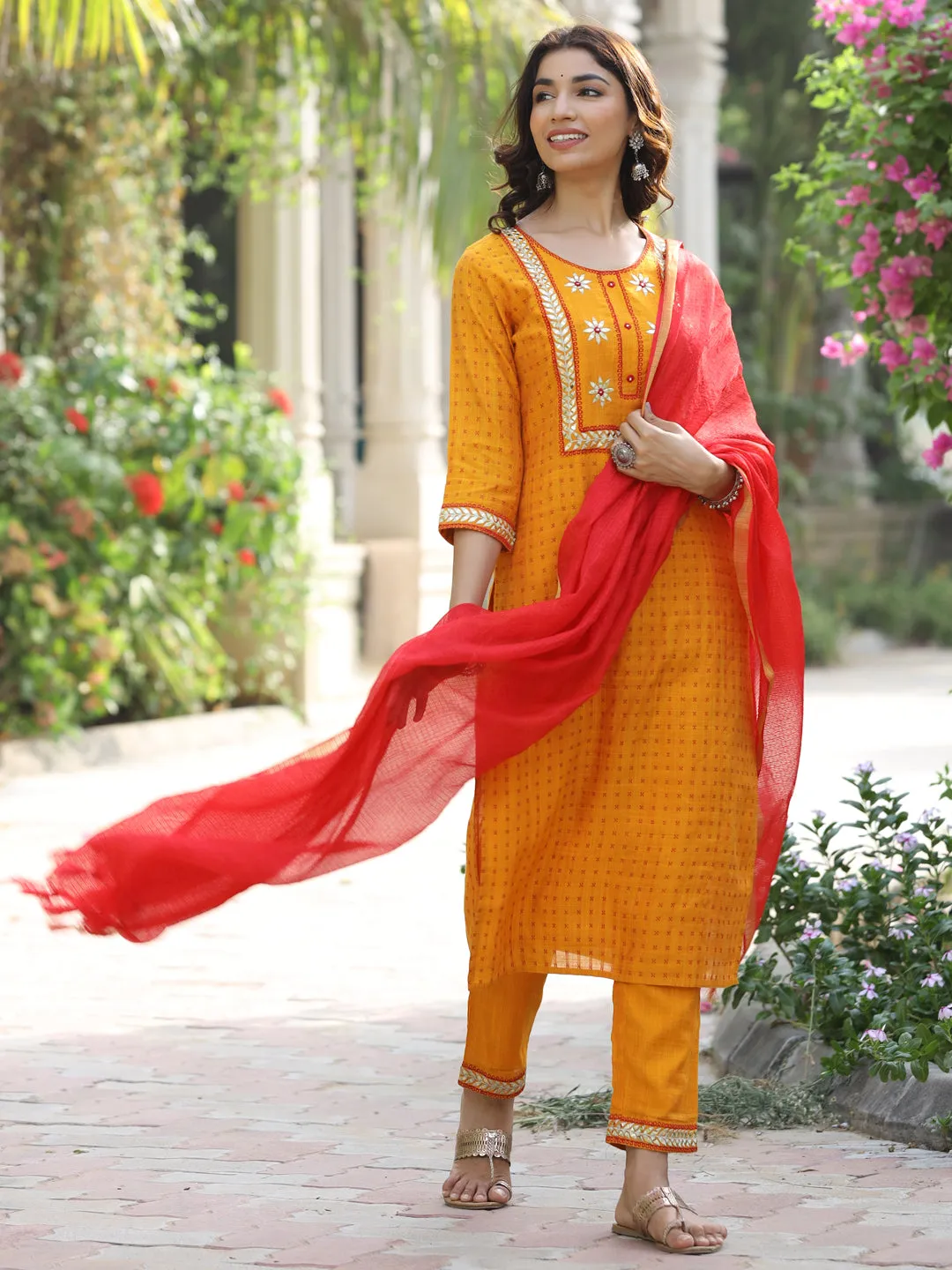 Mustard Self Weave Silk Blend Kurta Wuth Pants And Dupatta