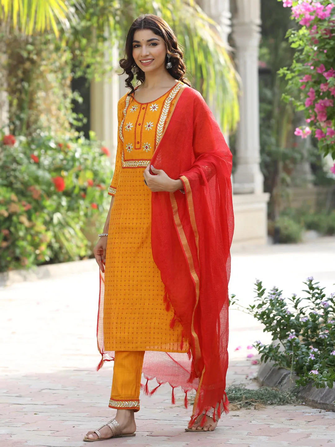 Mustard Self Weave Silk Blend Kurta Wuth Pants And Dupatta