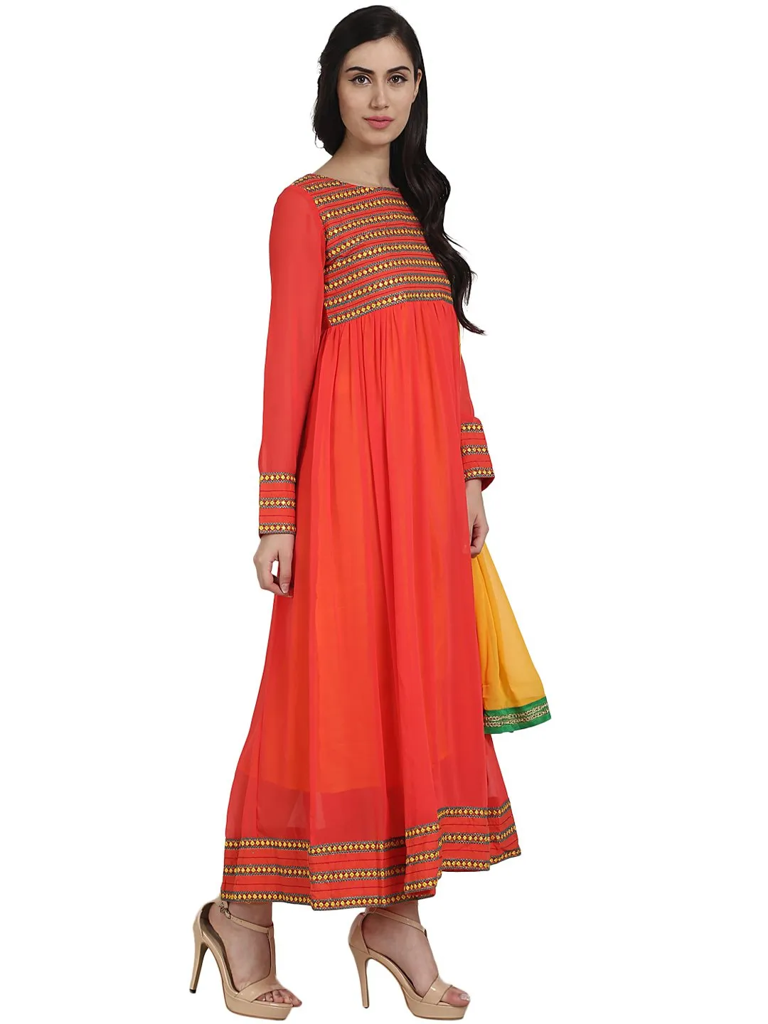 Orange Color 3/4Th Sleeve Georgette Anarkali Kurta With Embriodery Work And Yellow Dupatta