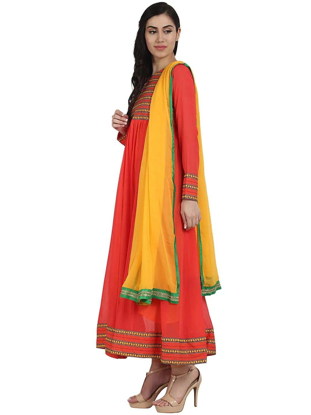 Orange Color 3/4Th Sleeve Georgette Anarkali Kurta With Embriodery Work And Yellow Dupatta