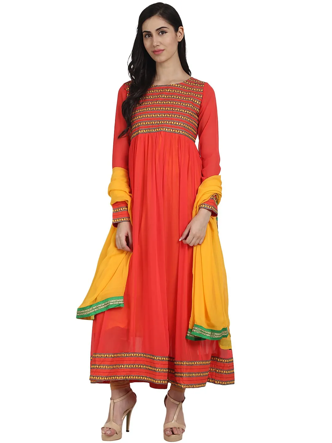 Orange Color 3/4Th Sleeve Georgette Anarkali Kurta With Embriodery Work And Yellow Dupatta