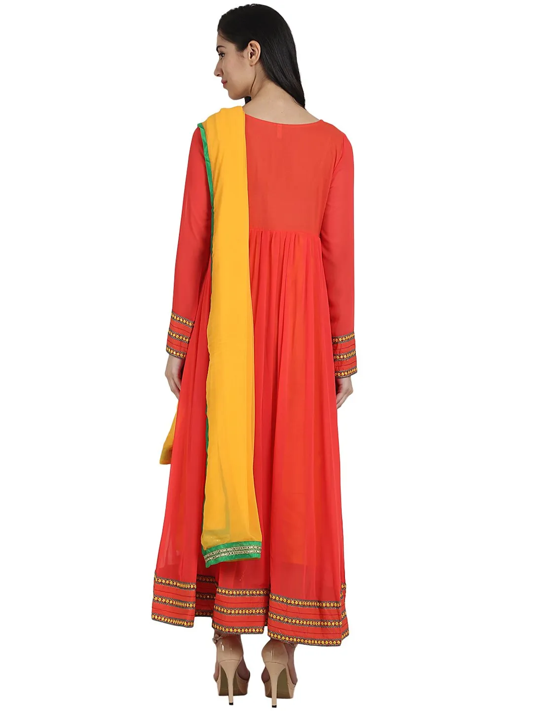 Orange Color 3/4Th Sleeve Georgette Anarkali Kurta With Embriodery Work And Yellow Dupatta