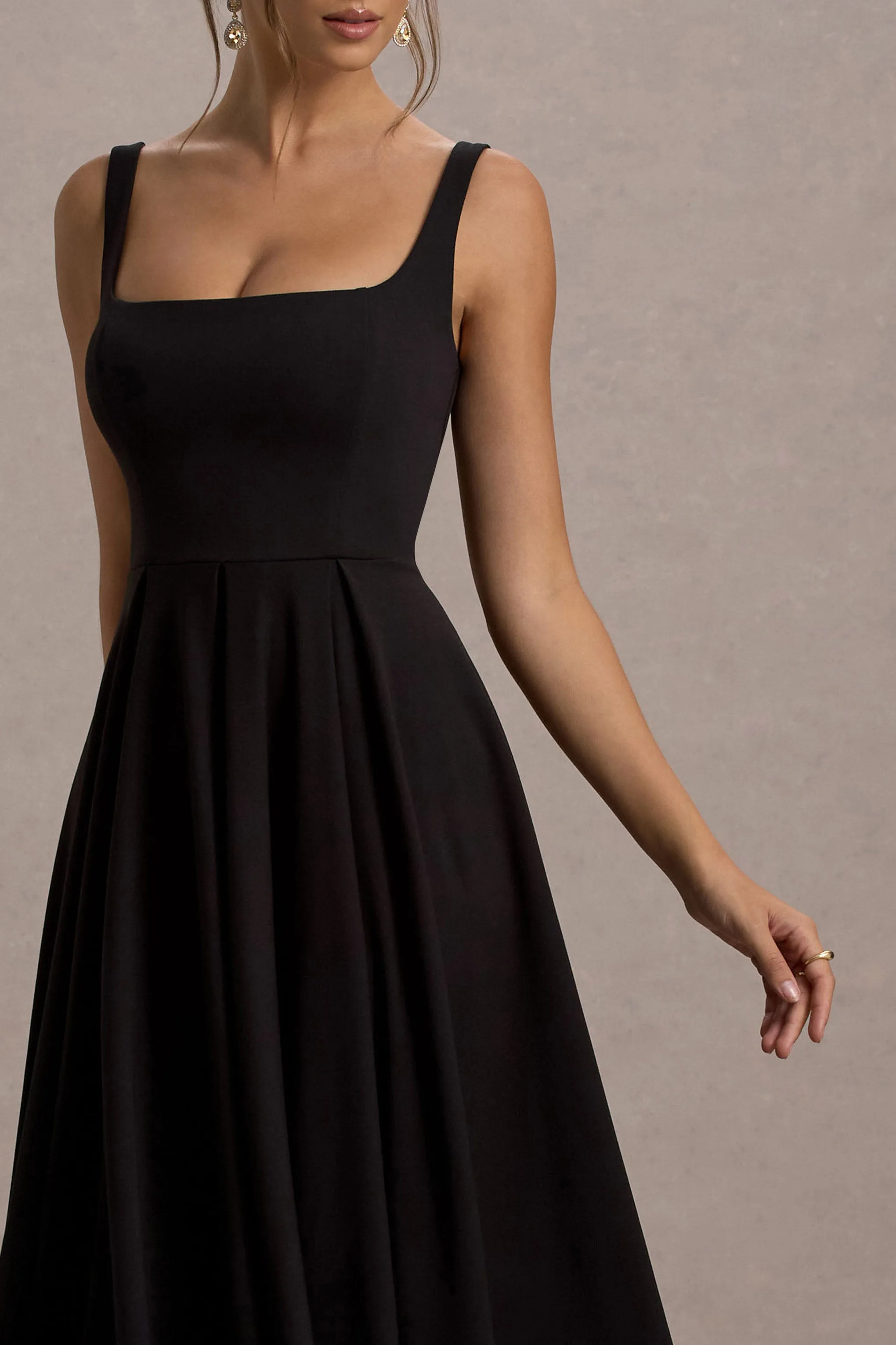 Parina | Black Strappy Volume-Hem Midi Dress