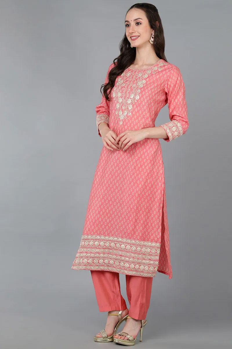 Peach Silk Blend Zari Embroidered Straight Suit Set