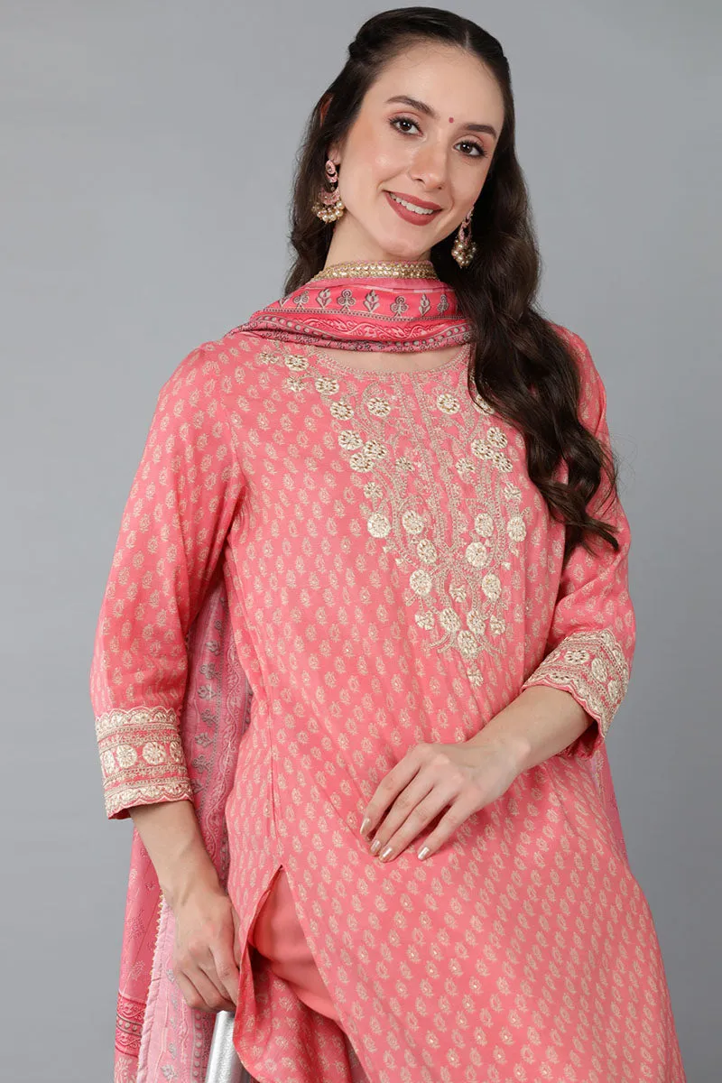 Peach Silk Blend Zari Embroidered Straight Suit Set