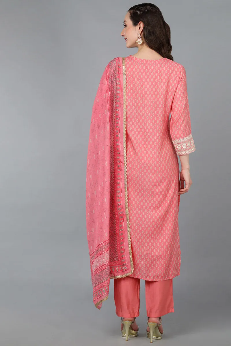 Peach Silk Blend Zari Embroidered Straight Suit Set