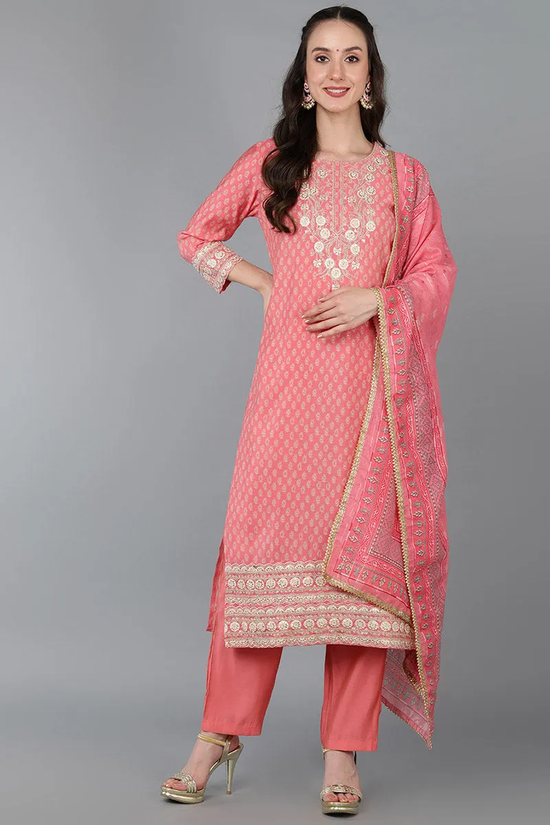 Peach Silk Blend Zari Embroidered Straight Suit Set