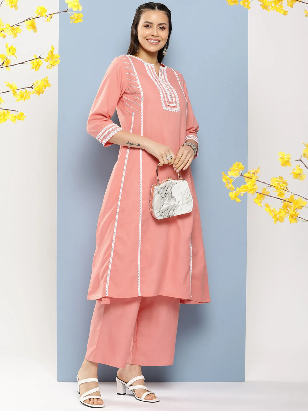 Peach Solid Lace Details Kurta With Peach Solid Palazzo.