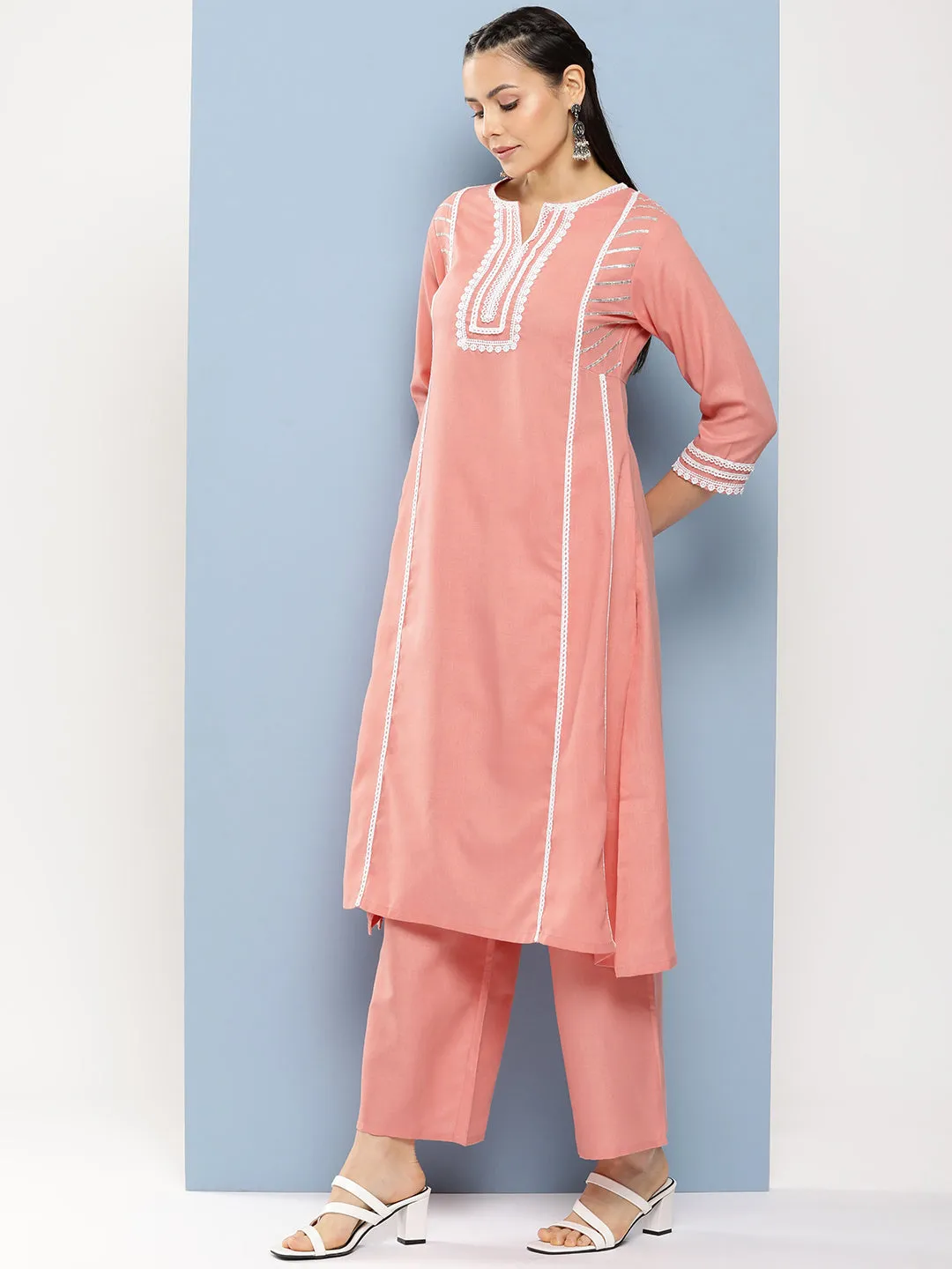 Peach Solid Lace Details Kurta With Peach Solid Palazzo.