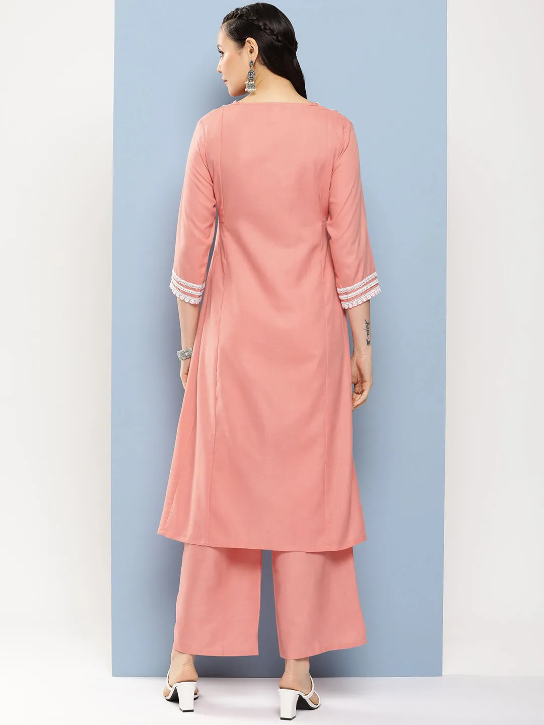 Peach Solid Lace Details Kurta With Peach Solid Palazzo.