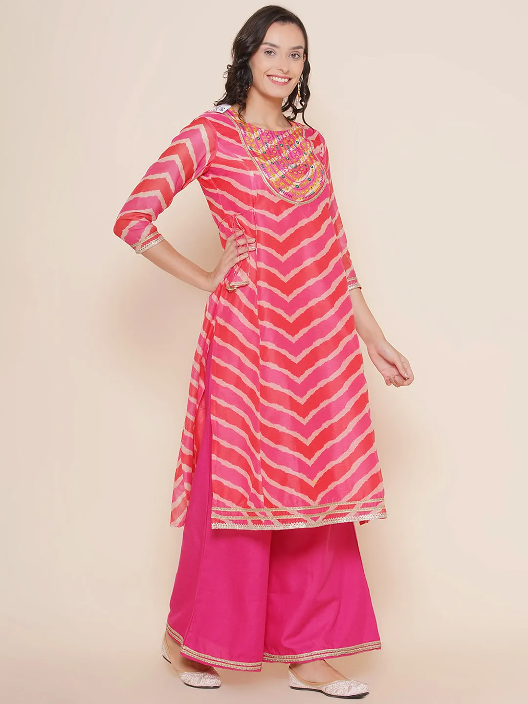 Pink Leheriya Printed A-Line Yoke Embroidered Kurta & Pink Solid Plazzos With Dupatta