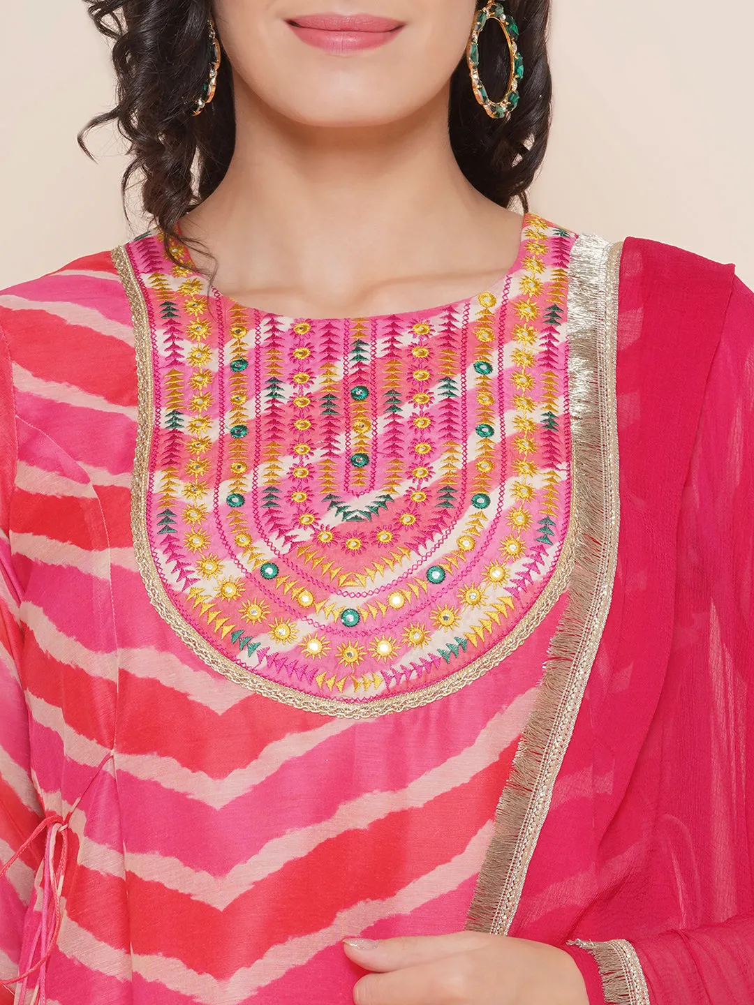 Pink Leheriya Printed A-Line Yoke Embroidered Kurta & Pink Solid Plazzos With Dupatta